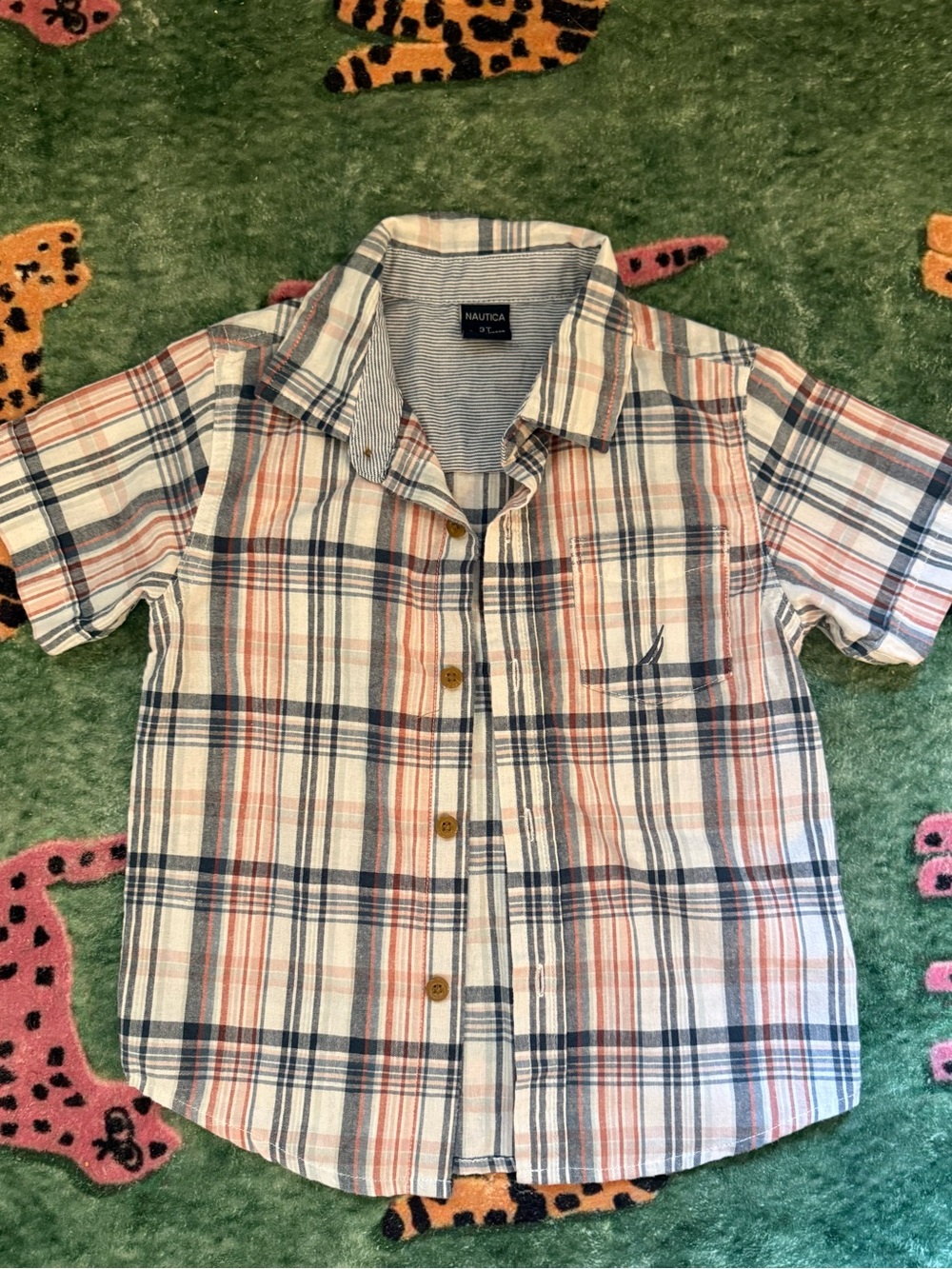 Nautica Short-Sleeve Plaid Button-Down — Navy, Rust & White